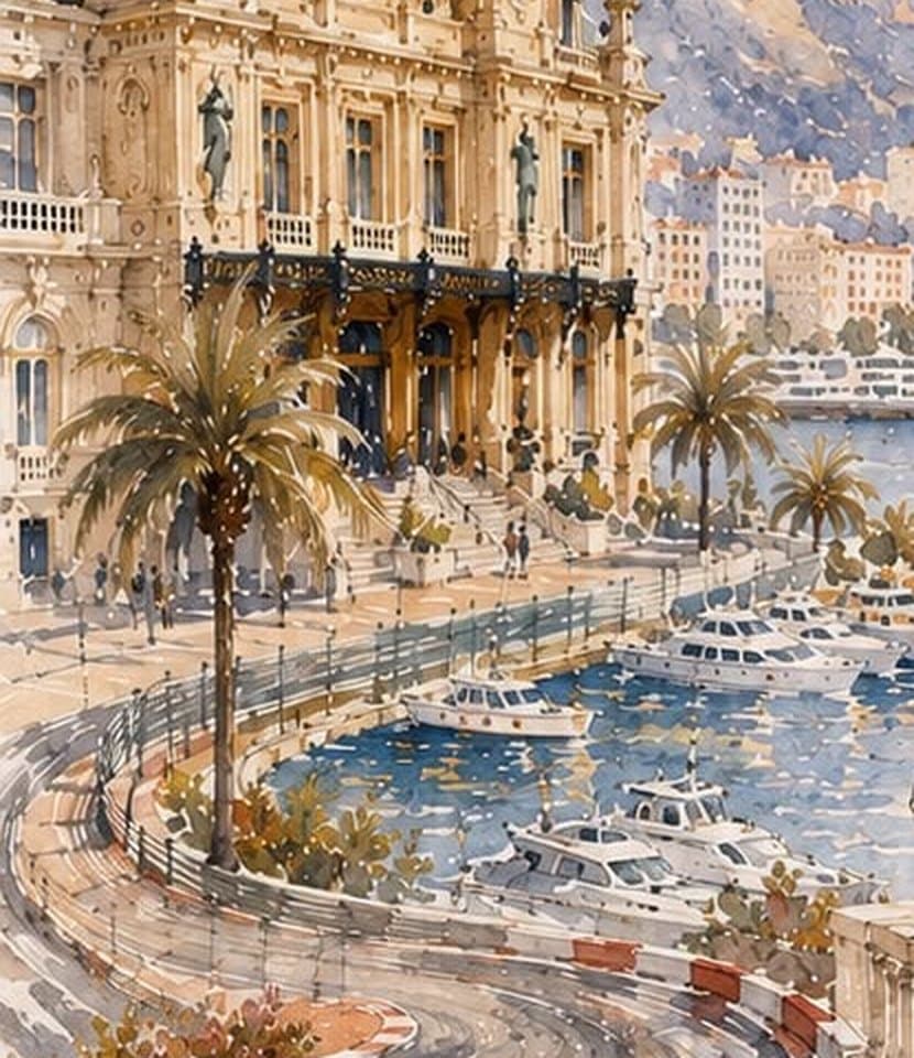 Aquarelle de Monte-Carlo — le Casino et la terrasse bordée de palmiers au-dessus du port