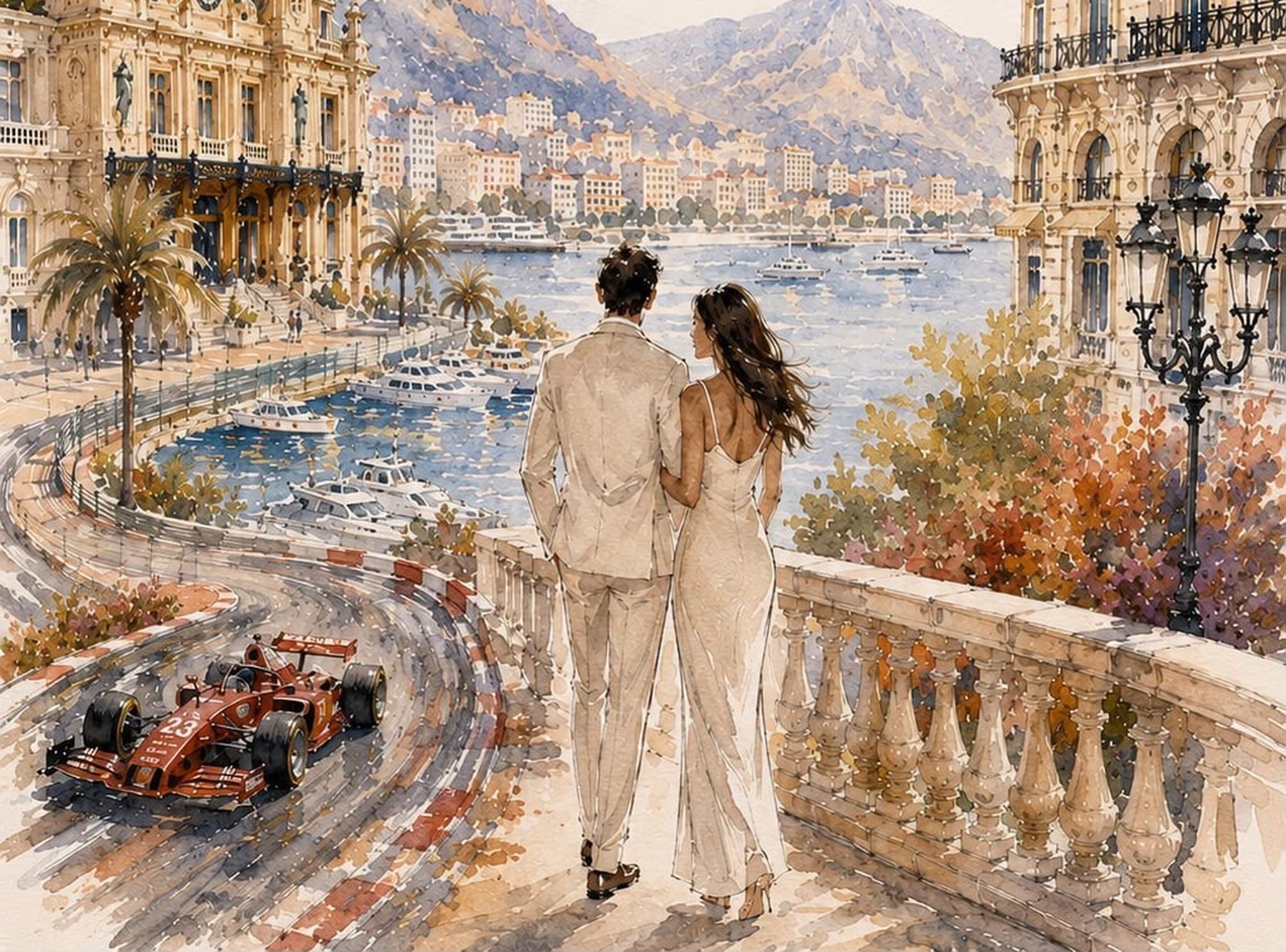 Aquarelle de Monte-Carlo — le Casino, le port et le circuit du Grand Prix