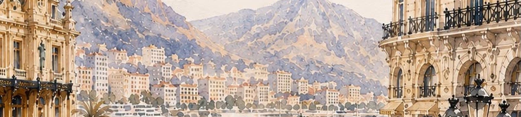 Panorama aquarellé du port de Monaco et des collines derrière Monte-Carlo